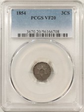 1854 THREE CENT SILVER - PCGS VF-20