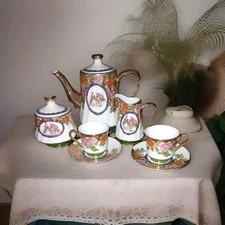 Victorian Demitasse Tea Set• 6 Cups, 6 Saucers, Creamer, Sugar Bowl And Tea Pot