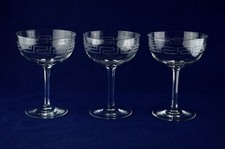 Vintage GREEK KEY Antique Cut Crystal x3 Champagne Glasses / Saucers - 5" Tall
