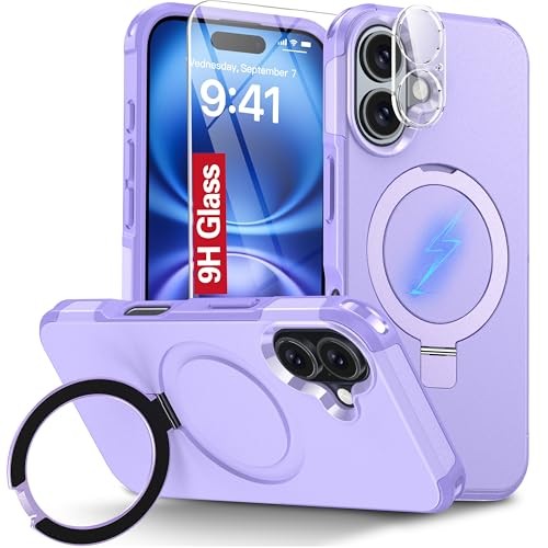 Magnetic iPhone 16 Case with Foldable Stand, Screen & Camera Protectors, Purple