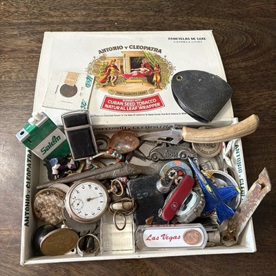 Vintage Junk Drawer Lot Miscellaneous Estate Items Mixed Cigar Box Treasure