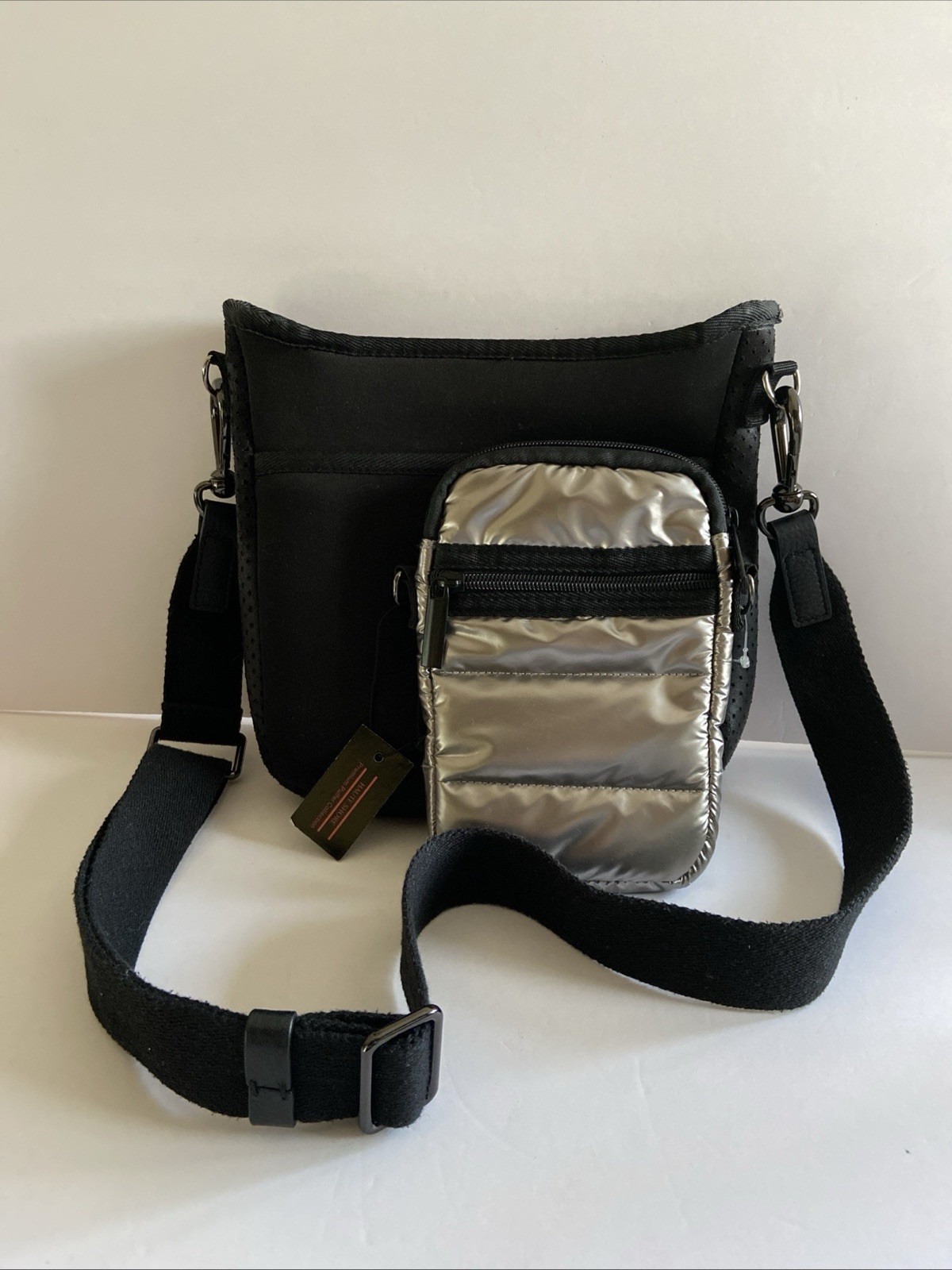 Haute Shore Crossbody Bags 1 Black Neoprene & 1 Champagne Puffer Cell Phone Bag