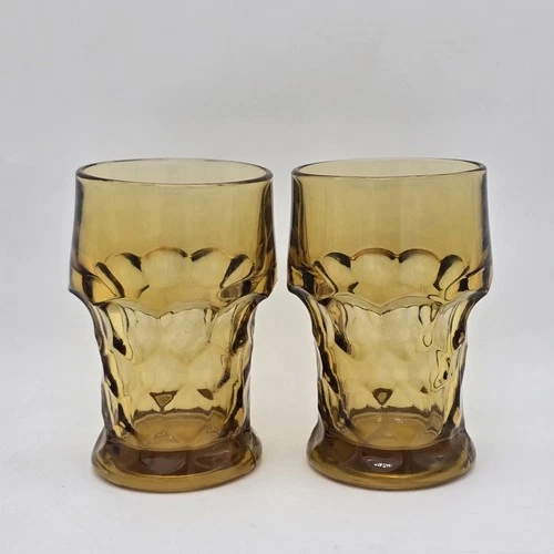 Vintage Anchor Hocking Drinking Glass Amber Georgian Honeycomb Tumblers Set of 2