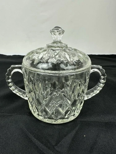 Vintage Anchor Hocking Precut Clear Double Handles Glass Pineapple Sugar Bowl