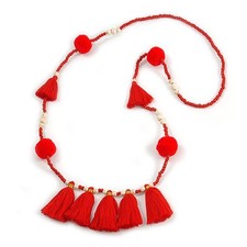 Boho Style Glasperlen Bommel, Quaste lange Halskette in rot - 90 cm L