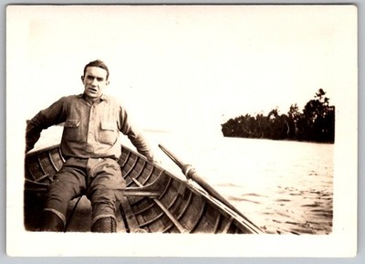 Vtg B&W Snapshot Man In Rowboat Buttoned Shirt & Leather Boots On Lake 1930s