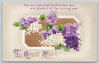 May Love Make Bright this New Year To Greet You Purple Flowers Embossed Postcard