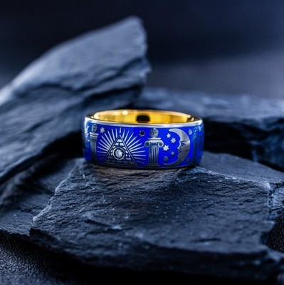 Masonic Theme Tungsten Ring with Royal Blue Enamel & Diamond, 9mm Rose Gold Ring