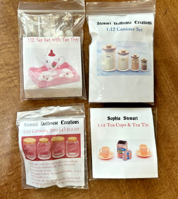 4 MINIATURE DOLLHOUSE STEWART KITCHEN ITEM KITS CANNISTERS, MASON JARS, TEA, ETC