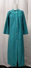 Vtg Carole LONG Green Flannel Button Up Embroidery Robe House Coat Sz 12 Pocket