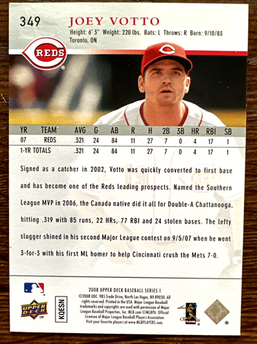 2008 Upper Deck - #349 silver Joey Votto Rookie (RC) Cincinnati Reds π₯βΎπ₯ - Picture 8 of 8