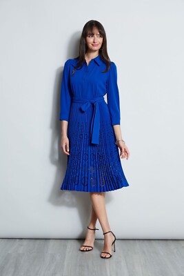 New Elie Tahari Pleated Laser Cut Midi Dress E8147603 Klein Blue