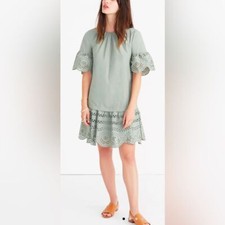 Madewell Eyelet Drop Waist Mini Dress 100% Cotton in Sage Green - XS