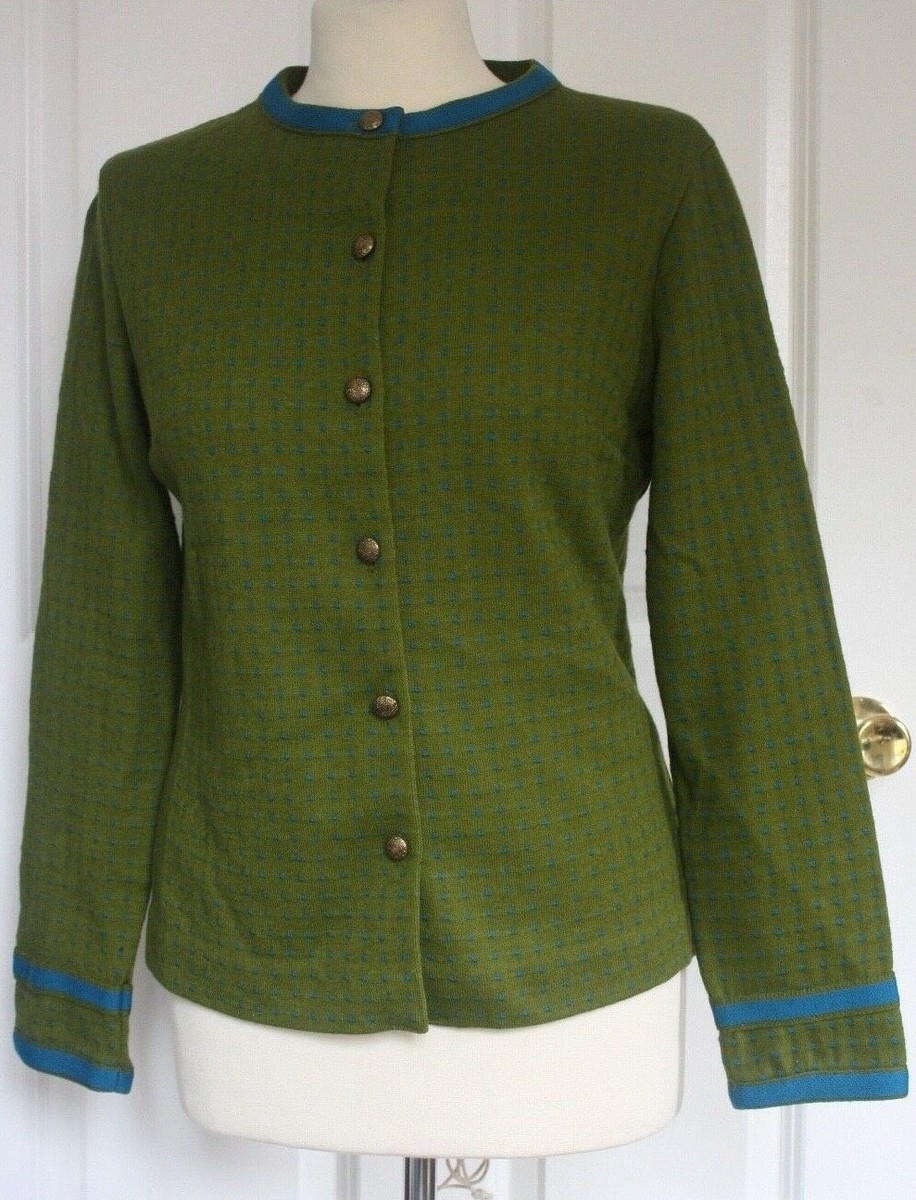 Vintage Jantzen 36 M Green Blue Dot Sweater Cardigan Made USA Thick Knit  Button