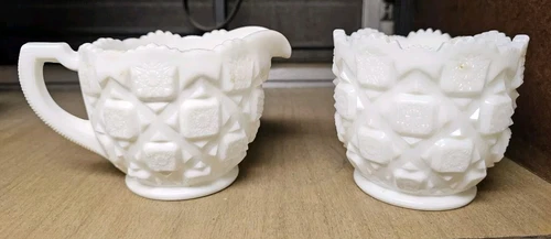 Vintage Milk Glass Pair Westmorland Creamer & Sugar Bowl Old Quilt Pattern / wow