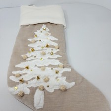 NEW Pottery Barn IVORY TREE EMBELLISHED VELVET STOCKING sherpa bead NO NAME MONO