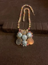BEAUTY! ALICE CAVINESS Vtg NECKLACE Frosted Aqua PASTEL Rhinestone Confetti Moon