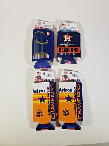 Lote de 4 Houston Astros Champions MLB 2 Caras Serie Mundial Porta latas Koozie NUEVO - Imagen 2 de 2