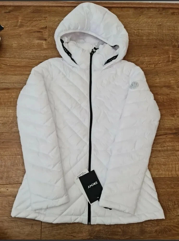 DKNY Womens White Chevron Padded Coat Jacket Size S New | eBay
