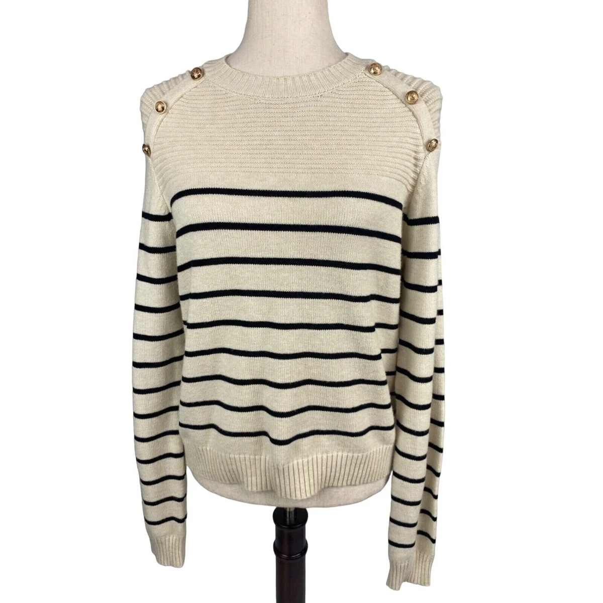 Women s Beige Black Sweater with Gold Buttons on Shoulders