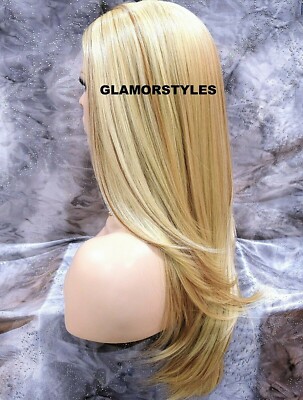 LACE FRONT FULL WIG LONG STRAIGHT LAYERED MIDDLE PART BLEACH BLONDE MIX HEAT OK
