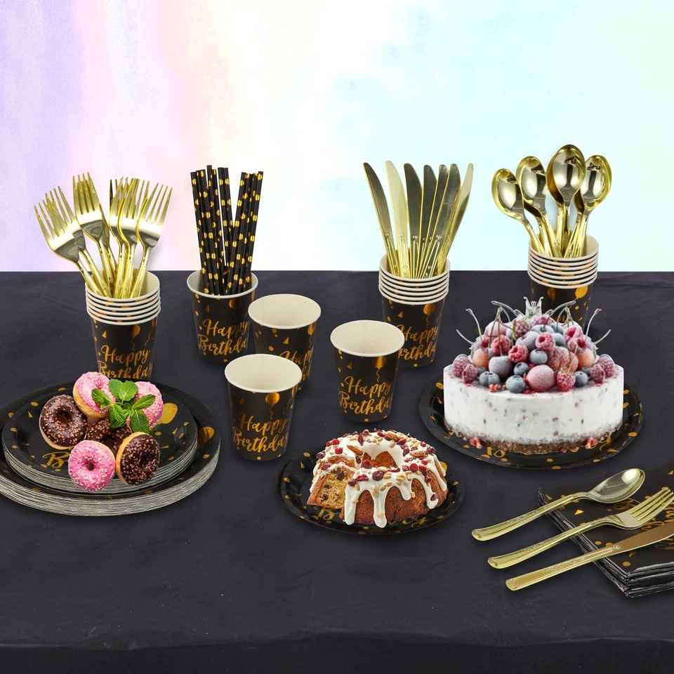 Juego de fiesta desechable negro y dorado 201 piezas - platos, tazas, servilletas, cubiertos Foto 2 de 4