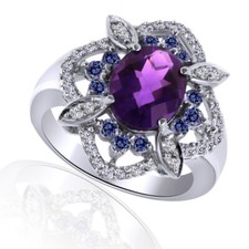 2.83 Ct Oval Cut Amethyst  Round White Topaz 14K White Gold Plated Fashion Ring