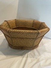 Vtg Decorative Basket Woven Rattan Bamboo Braided Herringbone Wood Base Rugged