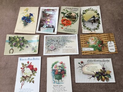 10 antike/vintage Geburtstagspostkarten ab 1909 in guter gebrauchter Erhaltung um 109