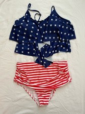 Ruffled Tank Top Bikini Set Red White Blue Stars Stripes High Waisted XL