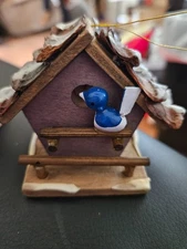 Vintage Midwest Wood Ornament Bird House With Bluebird & Snow on Roof Set of 2