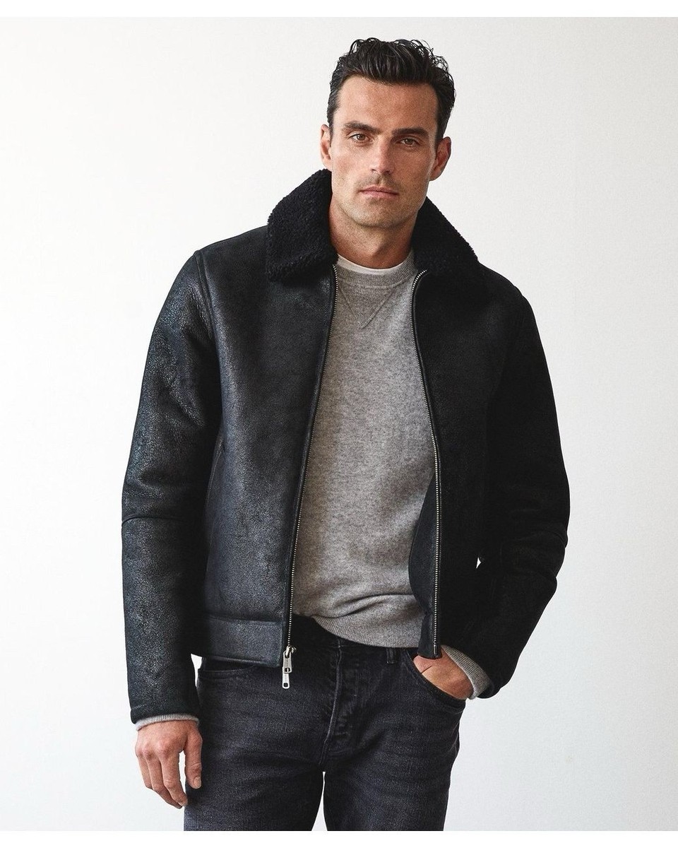 2995 New Todd Snyder Black Italian Shearling Leather Aviator