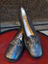 Salvatore Ferragamo Silver Gancini Loafers Black Leather 6C Italy Boutique Line