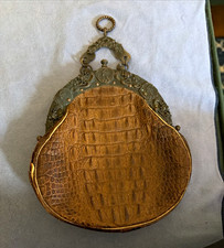 Antique Alligator Skin Purse Art Nouveau Bronze Frame Cherub Medallions c1910