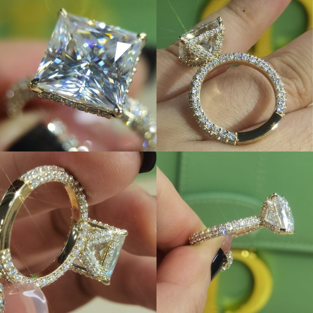 11mm Princess Cut Bead-set Pave Wrap D Halo 14K Yellow Gold Moissanite Ring