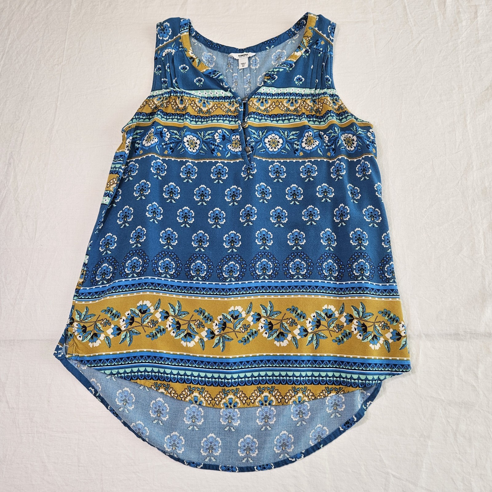 Sonoma Sleeveless Flowy Boho Tank Tunic Blue Mustard Floral Striped Top Medium