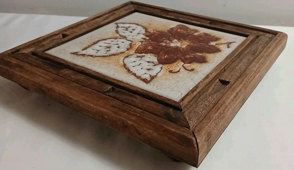 Vtg Ceramica S. Marco Italy Tile Trivet Wood Frame Floral Kitchen Wall Decor - Image 4 of 4