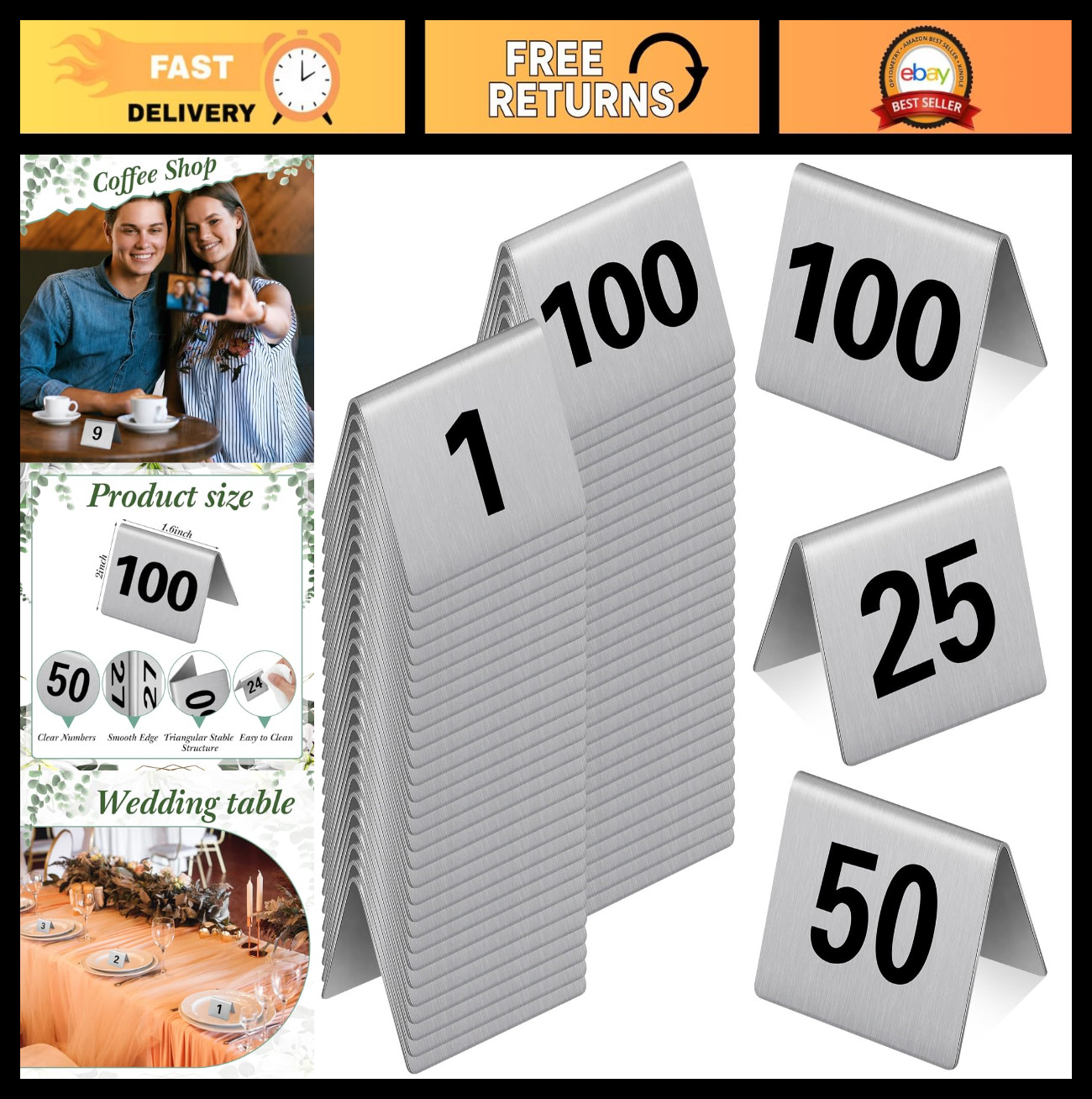 100 Pack Stainless Steel Table Numbers 1-100, Double-Sided Tent Signs for Events