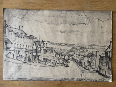Original Bleistiftzeichnung, High Street Burford datiert. Mai 1946 Künstler Eric Carvey