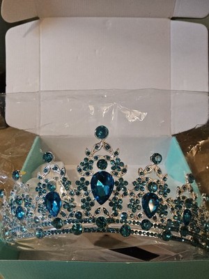  Queen Crown,Rhinestone Bridal/Prom Tiara  Ice Sky Blue & Silv Crystal Headband 