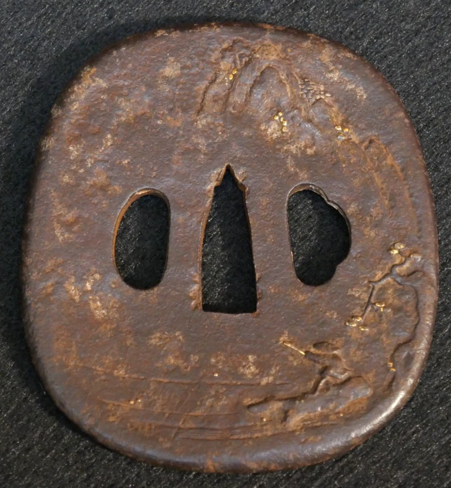 Antiguo Japonés Período Edo Wakizashi 脇差 Tsuba 鍔 Hierro Forjado, Pesca Bajo Árbol Foto 2 de 4