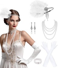 1920s Flapper Accessories Set White 8 Pcs Vintage Costume Accessory Set