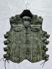 Men s Vintage Distressed Brown Leather Motorcycle Vest Heavy Buckle Cowhide