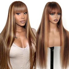 Blonde Highlight Wig with Bangs for Women Long Blonde Mixed Brown Straight Wi...