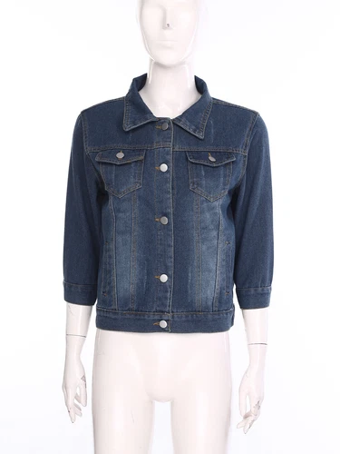 Women 3/4 Sleeve Retro Short Denim Jackets Strech Cropped Jean Trucker Coats