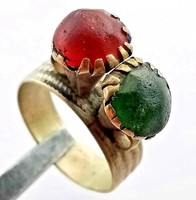 ANCIENT Medieval Silvered Ring Decorated With RED GREEN Stones