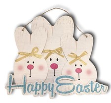 Happy Easter Glitter Three Bunnies Wooden Hanging Decorative Sign Indoor Outdoor