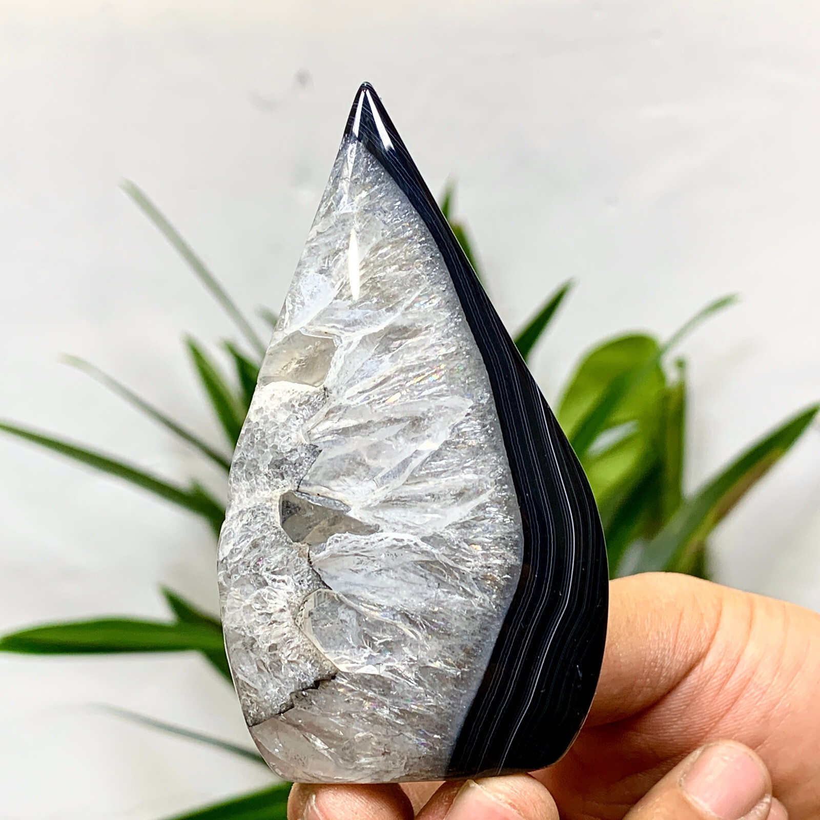 128g Black Striped Agate Water Drop Obelisk Crystal for Energy Healing