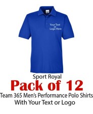 12 Custom Embroidered Team 365 Men's  Performance Polo shirts with Logo or Text
