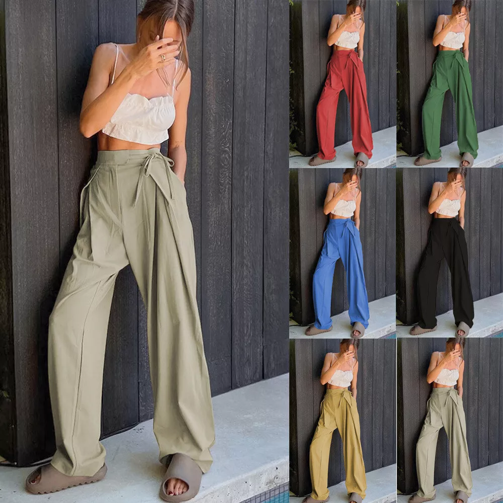 Womens Casual High Waisted Wide Leg Pants Button Up Straight Leg Trousers  Women's Casual Pants Black M 